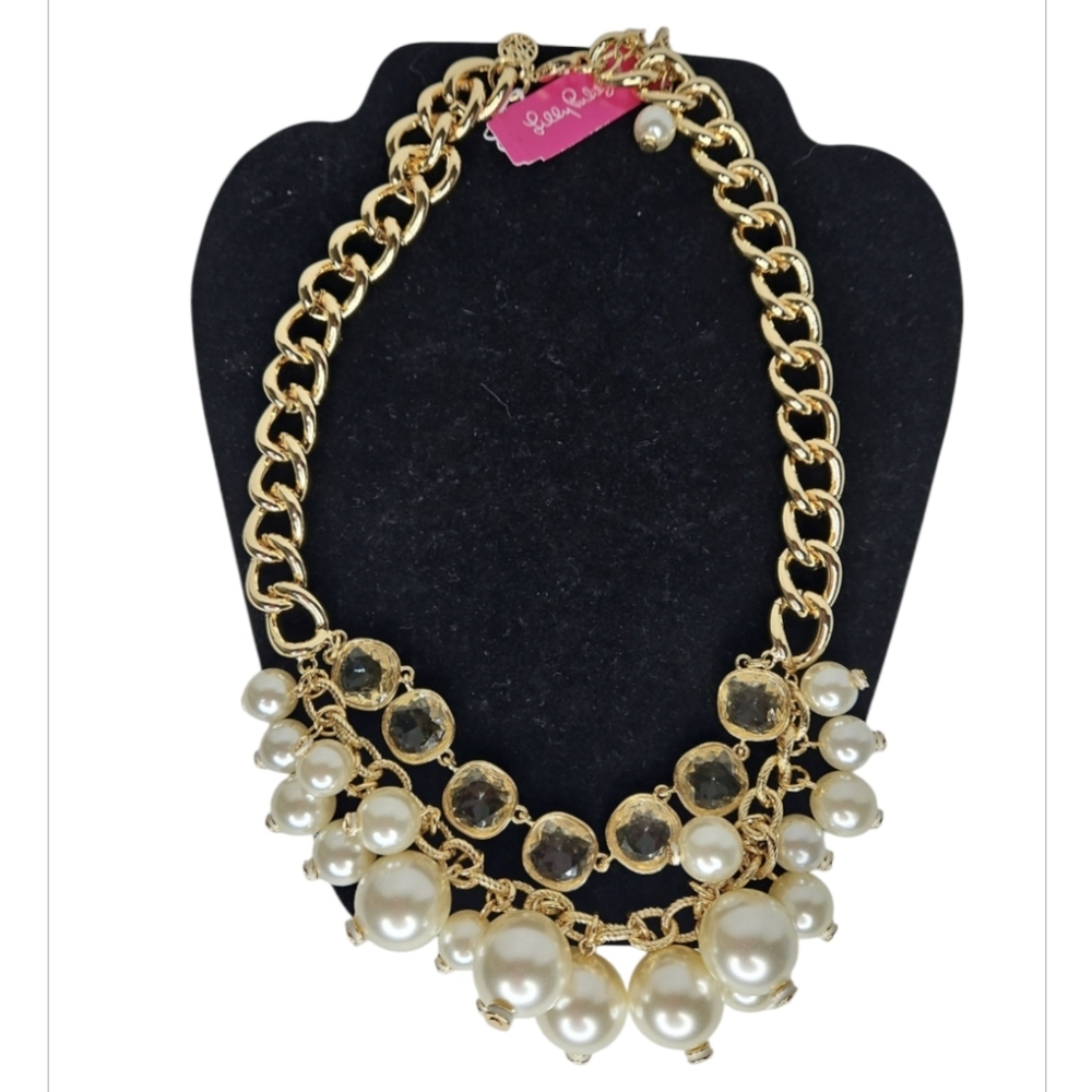Lilly Pulitzer Pink Palms Gold Metallic Cluster Necklace NEW